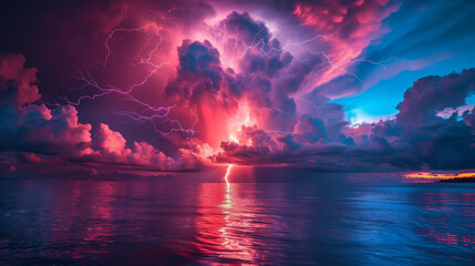 Thunderstorm with vivid lightning strike over ocean at night.