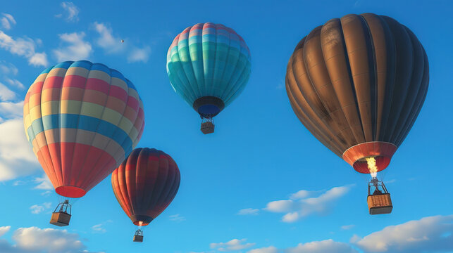 Colorful hot air balloons floating in blue sky. Adventure and exploration theme