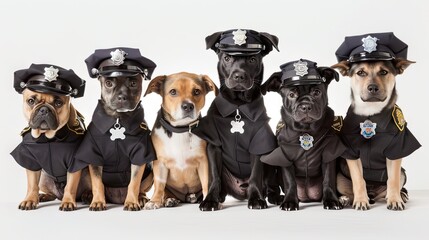 Dogs don police outfits on white background. Adorable law enforcers to melt your heart. - obrazy, fototapety, plakaty