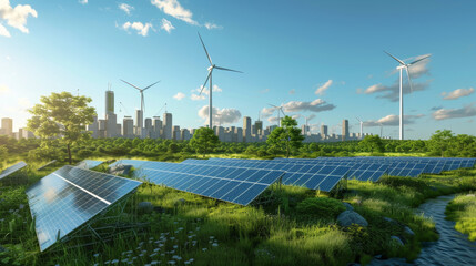 Energia rinnovabile. Pannelli solari e turbine eoliche, in un paesaggio urbano o naturale	