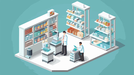 Isometric Pharmacy Store and Doctor pharmacist. Vec