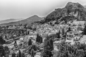 View over the city centre of Taormina, Sicily, Italy