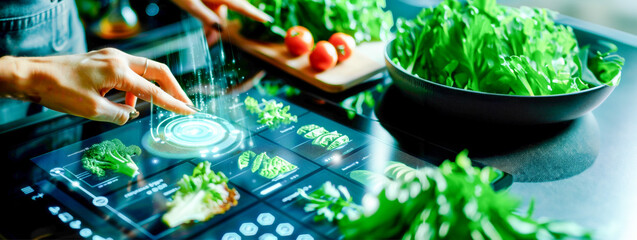 Fototapeta premium Interactive digital kitchen interface with fresh greens, highlighting modern culinary technology and healthy lifestyle. Artificial intelligence in food preparation. Banner. Copy space