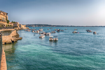 View of the scenic waterfront of Ortygia, Syracuse, Sicily, Italy