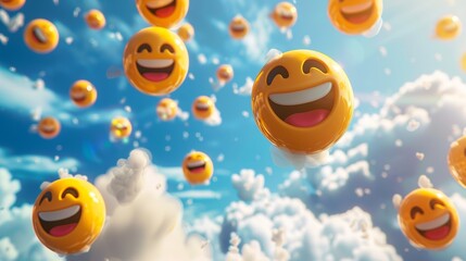 3D assortment of broken laughing emojis floating in the clouds, blue sky high