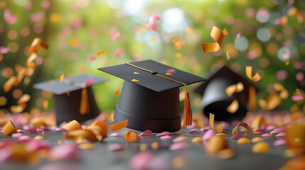Graduation caps with confetti fall in a serene, bokeh-light-filled setting. - obrazy, fototapety, plakaty