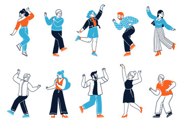 Happy diverse people characters dancing isolated set