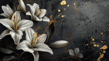 Elegant white lilies with golden accents set against a dark, textured background with gold splatters. A modern and artistic floral display.