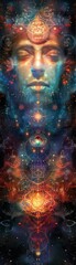 divine wisdom to life through a captivating frontal view graphic Use a blend of sacred geometry, ethereal colors, and intricate patterns - obrazy, fototapety, plakaty