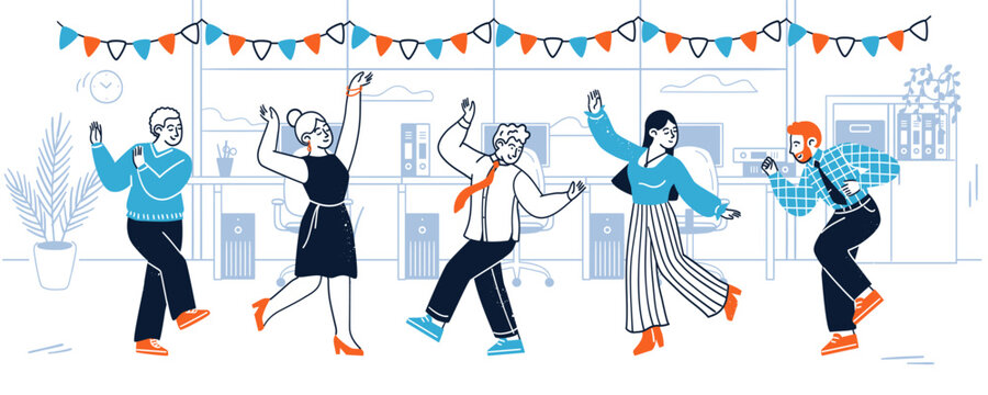 Happy young people dancing celebrating corporate office party