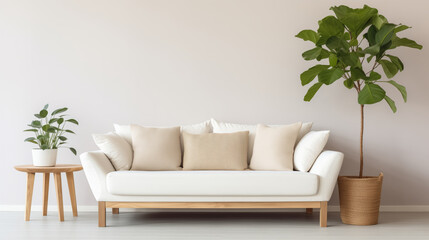 A modern living room with a white couch, beige cushions, and a tall green plant.