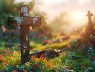 A wooden cross standing in a field with a dirt path leading up to it. The sun is setting in the...
