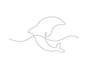 Continuous line drawing of dolphin. One line of dolphin. Marine animal concept continuous line art. Editable outline.