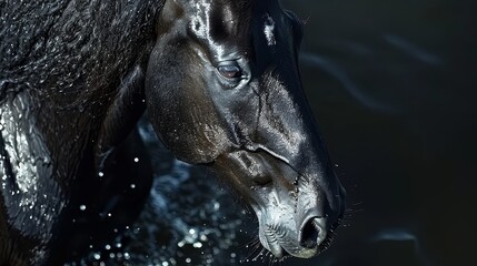   A tight shot of a horse submerged in water, with water beads forming on its face, and a dark, reflective waterbody behind