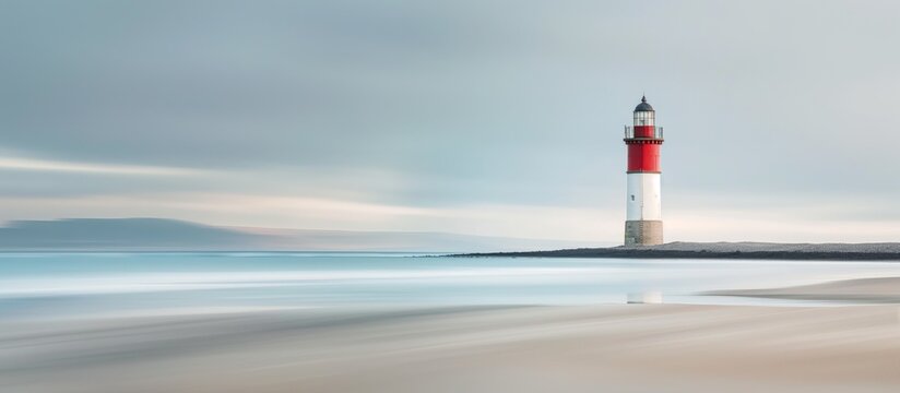 On a deserted, sandy beach, a lighthouse can be seen in the daytime, standing off the coast in the distance