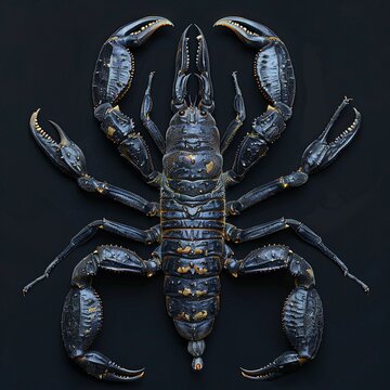 a scorpion from a top-down view Show intricate details like the curved tail and sharp pincers to create a striking and powerful image