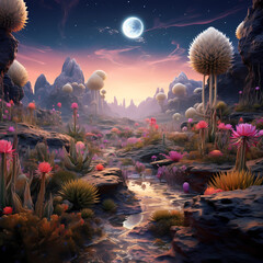 Alien flora and fauna in an otherworldly landscape
