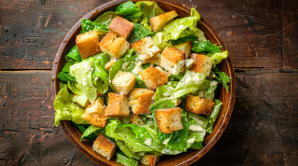 Classic Caesar Salad with Crisp Lettuce and Crunchy Croutons - obrazy, fototapety, plakaty