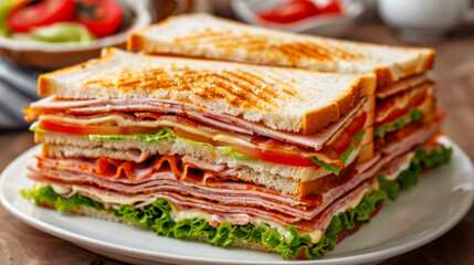 Delicious Club Sandwich with Multiple Meat Layers on White Dish