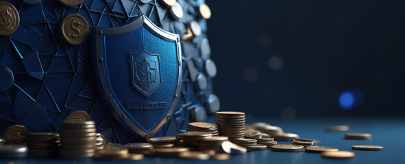 A blue guard shield with a pile of coins, The concept represents deposit insurance or financial security, Geometric background. Wireframe connection structure, abstract banner, Cost Security - obrazy, fototapety, plakaty