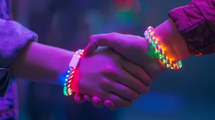 Fotobehang Close-Up of Two People Wearing Light-Up Bracelets Shaking Hands © Prostock-studio