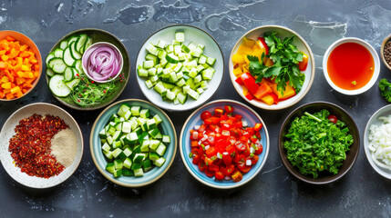 Colorful Fresh Salad Ingredients Arranged in Bowls