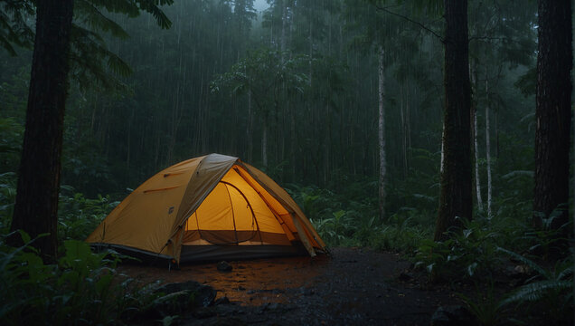 A yellow tent in the woods during a rain storm.

