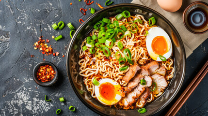 Delicious Ramen Noodles with Egg and Pork in Broth