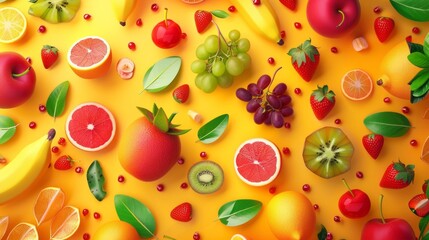 summer fruits collection top view, summer background, photo realistic, International Fruit Day
