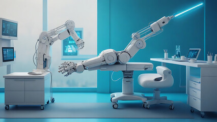 A Future robotic arm performing automated medical health care operations and remote control hospital equipment as wide banner design, futuristic, surgery
