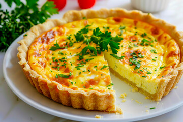 Delicious Golden Quiche with Parsley on a White Plate