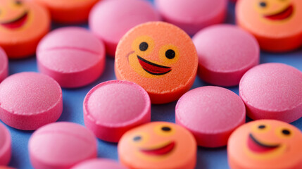 pill tab packaging, the pills are colored smiley - obrazy, fototapety, plakaty