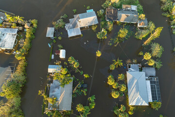 Surrounded by hurricane Ian rainfall flood waters homes in Florida residential area. Aftermath of...