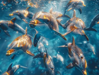 aquatic animals Show the seamless transition in size and perspective to captivate viewers Bring a dynamic and surreal element to the underwater world! - obrazy, fototapety, plakaty