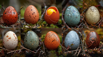 Fototapeta na wymiar A collection of eggs with speckled surfaces, culminating in a bird's egg positioned centrally in the photograph
