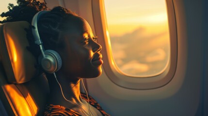 an African woman sits aboard an airplane, immersed in music through her headphones
