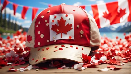 A Canadian flag cap on a table with confetti, party flags, and a blurry landscape background, symbolizing patriotism and celebration, independence day, 1st July