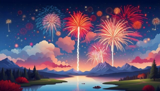 Fireworks illuminate the night sky above a serene lake, lush forest and majestic mountains, a dazzling display of colors and celebration, water reflection, Independence day