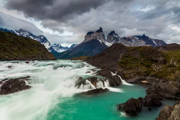Papier peint adhésif Cuernos del Paine Beautiful landscape with mountains and  river. National Park Torres del Paine, Chile.