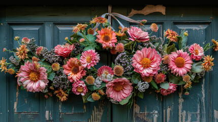 Fototapeta na wymiar An old, weathered green wooden door is adorned with a wreath of pink and orange flowers