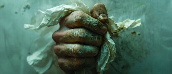 Illustrate the feeling of isolation and despair with an extreme close-up shot of a clenched fist gripping a crumpled tissue - obrazy, fototapety, plakaty