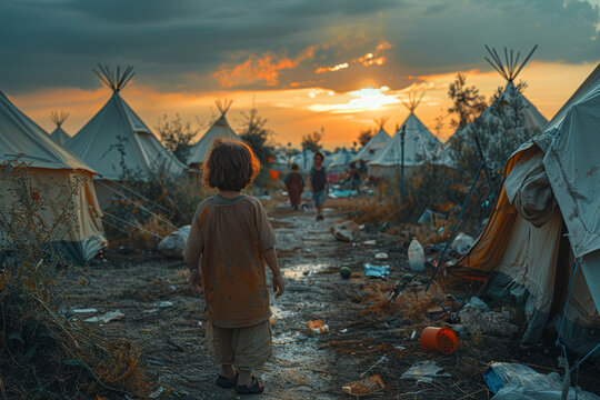 Children playing amidst the makeshift tents of a refugee settlement, resiliently adapting to their new surroundings despite the challenges. Concept of childhood amidst adversity. Generative Ai.