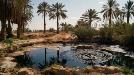 Fototapeta na wymiar Oasis of Serenity: Palm Trees Surrounding a Tranquil Desert Pond with Intricate Water Patterns