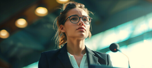 A confident businesswoman delivering a compelling pitch, commanding attention with her poise and expertise