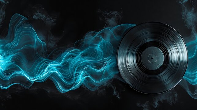 vinyl record with soundwaves emanating from it Use a monochromatic color scheme with a pop of electric blue to symbolize innovation and creativity in the music industry