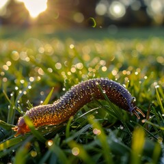 a shiny earthworm moving through fresh, dewy grass, showcasing the beauty of simplicity and the importance of small creatures in the ecosystem