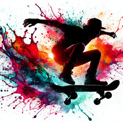 silhouette of skater with colorful splashing paint - 781503725