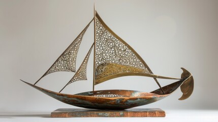 Elegant Wooden Sailboat Model with Intricate Metal Sails, Perfect for Nautical Decor - obrazy, fototapety, plakaty