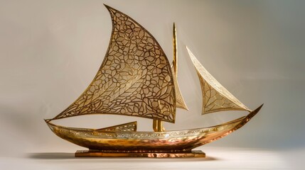 Elegant Wooden Sailboat Model with Intricate Metal Sails, Perfect for Nautical Decor