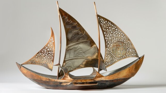 Elegant Wooden Sailboat Model with Intricate Metal Sails, Perfect for Nautical Decor